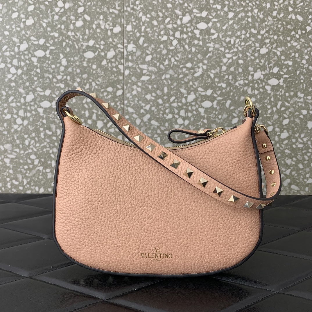 Valentino Garavani Rockstud Mini Hobo Bag in Nude Pink Grainy Calfskin